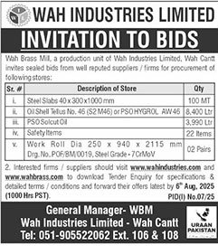 Wah Industries Limited Wah Cantt Tender Notice